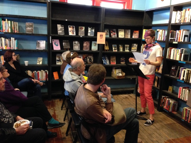 Reading to my rabid fans at Boxcar Books on April 6, 2014